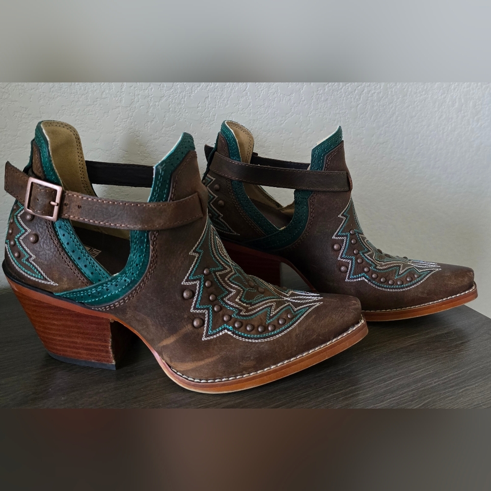 Brown and Teal Women's Western Ankle Boots